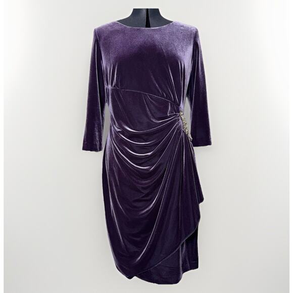 Alex Evenings 14 Purple Velvet Stretch Dress Bias Side Ruched Rhinestone Sleeved - Picture 1 of 8